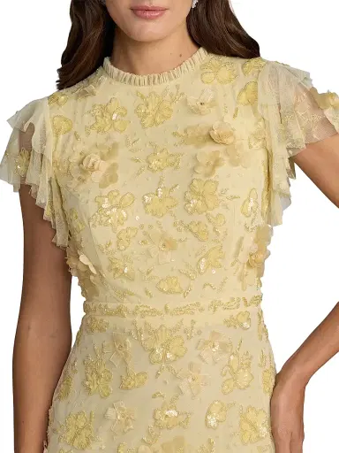 Mac Duggal Women's High Neck Flutter-Sleeve Floral Embellished Gown | Thumbnail 3 Mac Duggal Women's High Neck Flutter-Sleeve Floral Embellished Gown | Thumbnail 3