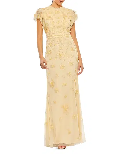 Mac Duggal Women's High Neck Flutter-Sleeve Floral Embellished Gown | Thumbnail 1 Mac Duggal Women's High Neck Flutter-Sleeve Floral Embellished Gown | Thumbnail 1