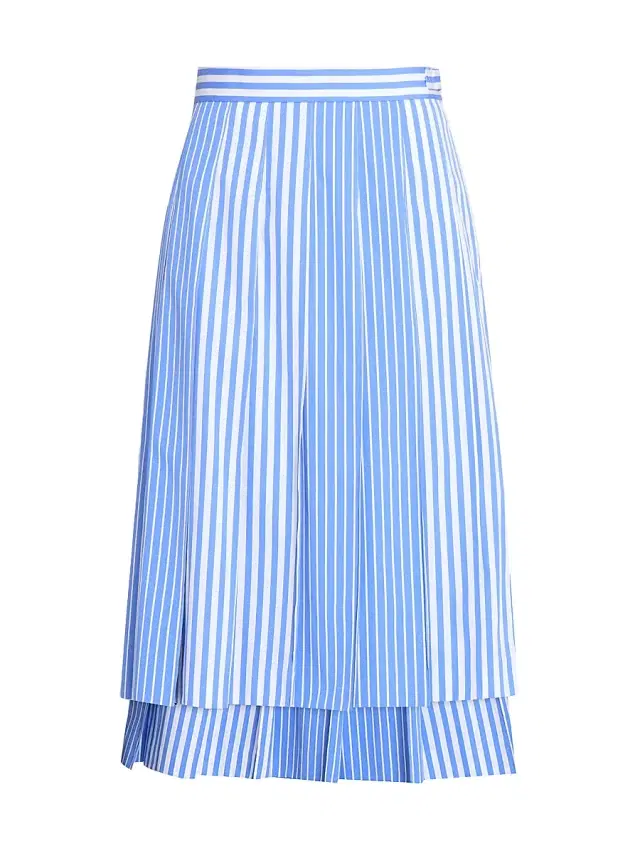 Women's Striped Pleated Cotton Midi-Skirt - Medium Blue