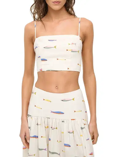 Staud Women's Federico Fish-Print Cotton Crop Top - Pop Sardines Ivory - Size XL | Thumbnail 3