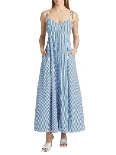 Rosie Assoulin Women's High Garden Striped Cotton Sleeveless Maxi Dress - Blue Stripe - Size 10 | Thumbnail 3
