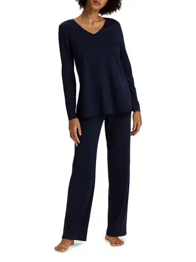 Hanro Women's Cotton-Silk V-Neck Long Pajamas | Thumbnail 3