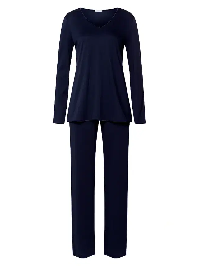 Hanro Women's Cotton-Silk V-Neck Long Pajamas - Deep Navy