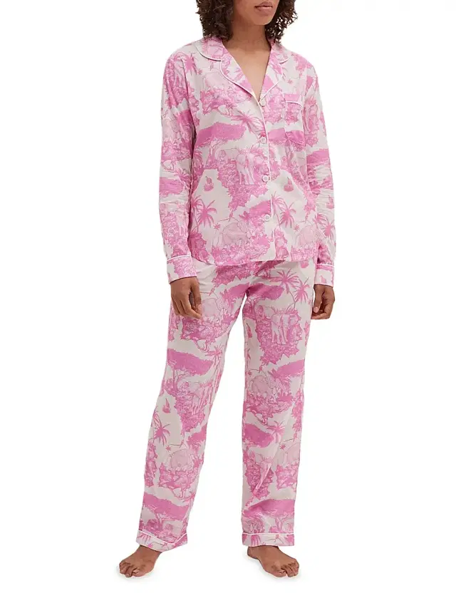 Women's Loxodonta Toile Long Pajama Set - Loxodonta Pink