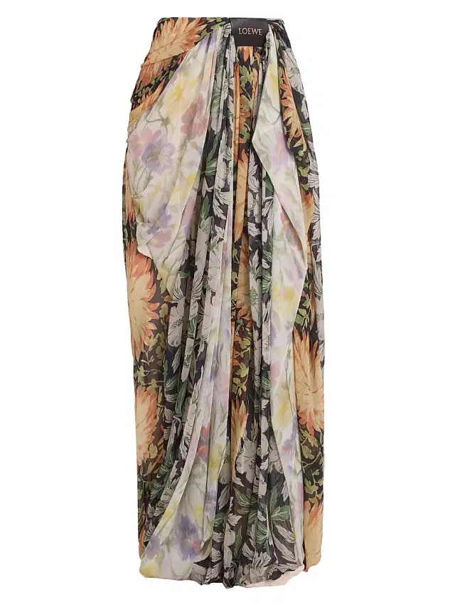Women's Floral Silk-Blend Draped Wide-Leg Pants