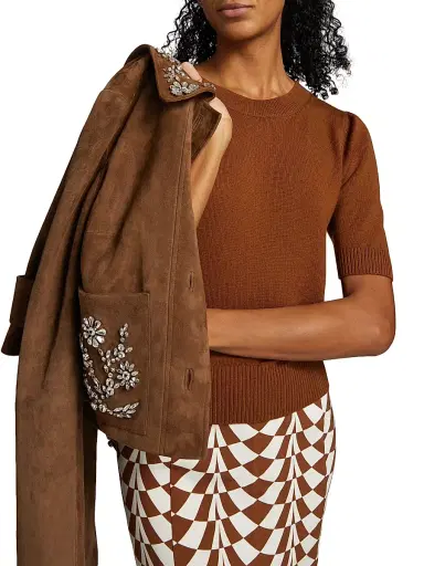 Oscar de la Renta Women's Short-Sleeve Wool Sweater - Cognac | Thumbnail 6