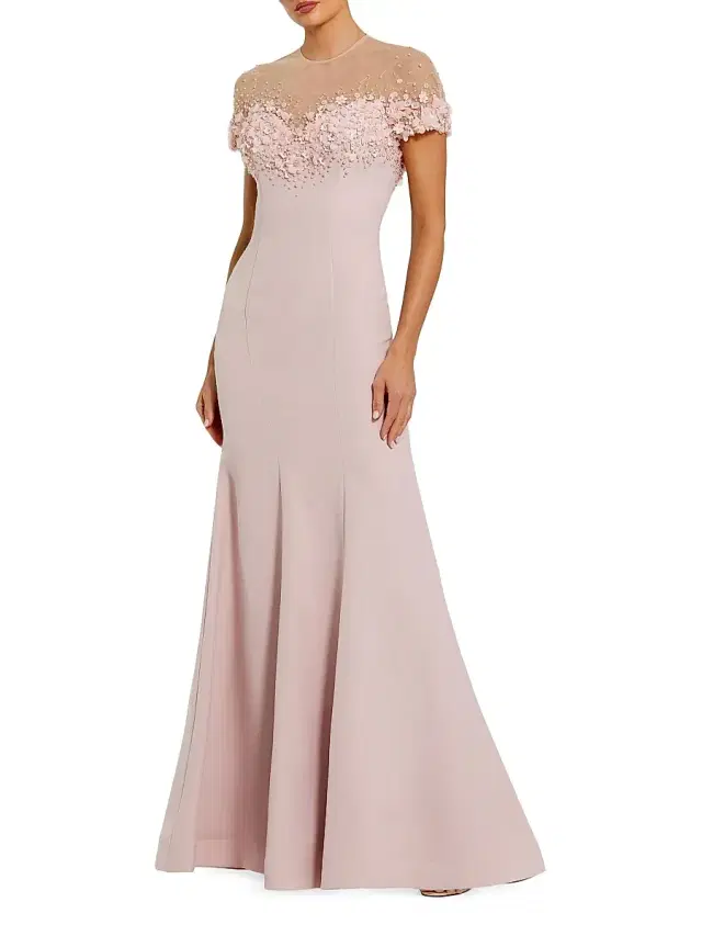 Women's Beaded Illusion Crêpe Mermaid Gown - Mauve