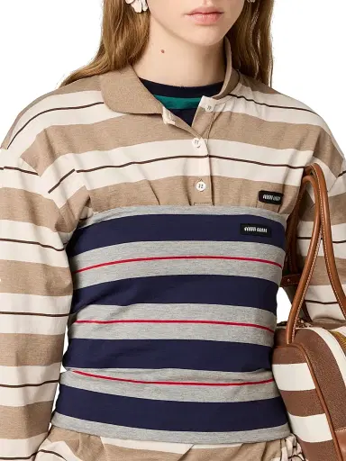 Miu Miu Women's Cotton Jersey Polo T-Shirt - Beige Multi | Thumbnail 4 Miu Miu Women's Cotton Jersey Polo T-Shirt - Beige Multi | Thumbnail 4