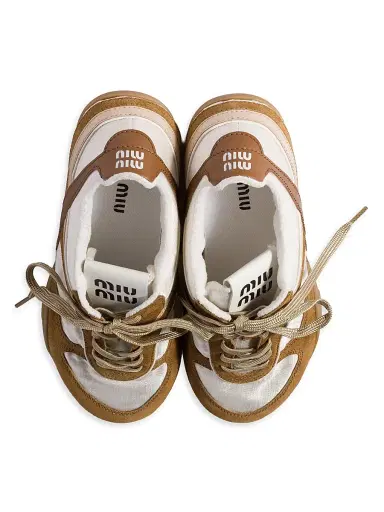 Miu Miu Women's Gymnasium Technical Fabric and Suede Sneakers - Beige Khaki White - Size 8 | Thumbnail 2