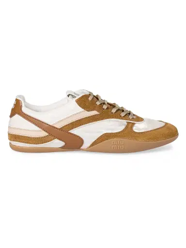 Miu Miu Women's Gymnasium Technical Fabric and Suede Sneakers - Beige Khaki White - Size 8 | Thumbnail 1