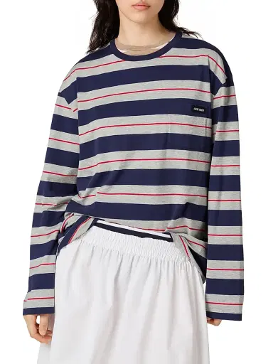 Miu Miu Women's Long-Sleeved Cotton Jersey T-Shirt - Grey Multi | Thumbnail 3 Miu Miu Women's Long-Sleeved Cotton Jersey T-Shirt - Grey Multi | Thumbnail 3