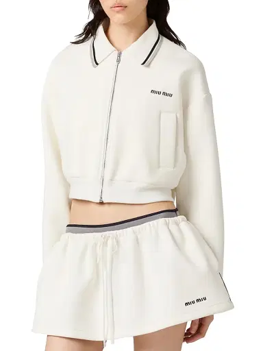 Miu Miu Women's Bonded Pique and Technical Jersey Blouson Jacket - White | Thumbnail 2 Miu Miu Women's Bonded Pique and Technical Jersey Blouson Jacket - White | Thumbnail 2