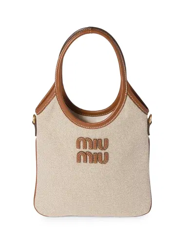 Miu Miu Women's Ivy Canvas and Leather Top Handle Bag - Beige Khaki | Thumbnail 1 Miu Miu Women's Ivy Canvas and Leather Top Handle Bag - Beige Khaki | Thumbnail 1