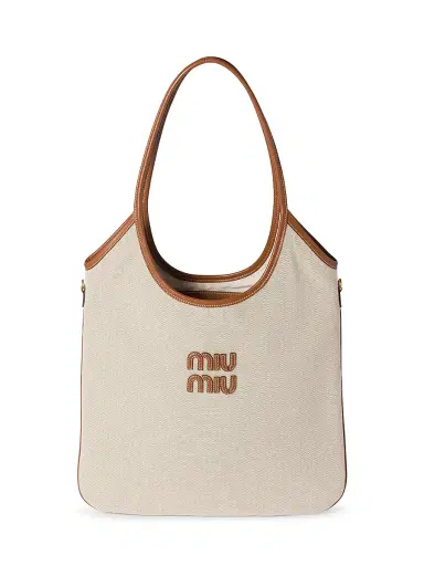 Miu Miu Women's Ivy Canvas and Leather Tote Bag - Beige Khaki | Thumbnail 1 Miu Miu Women's Ivy Canvas and Leather Tote Bag - Beige Khaki | Thumbnail 1