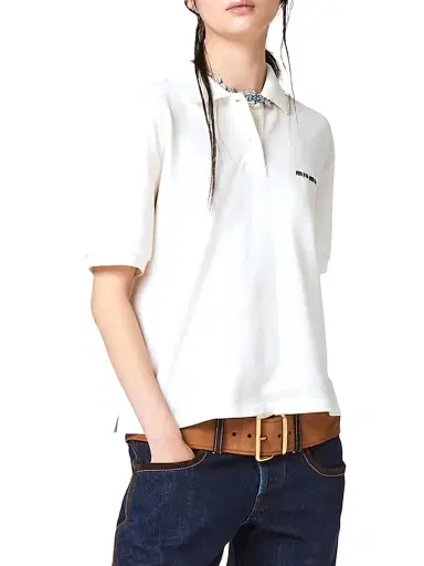 Miu Miu Women's Cotton Piqué Polo Shirt - White - Size Large | Thumbnail 2 Miu Miu Women's Cotton Piqué Polo Shirt - White - Size Large | Thumbnail 2