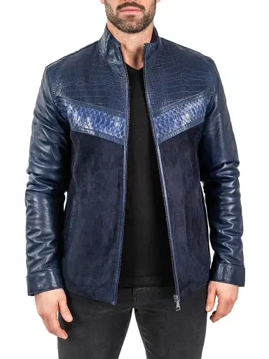 Maceoo Men's Leather Python Shield Jacket - Blue | Thumbnail 2