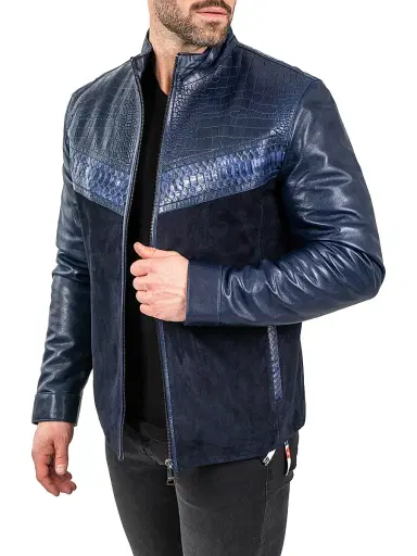 Maceoo Men's Leather Python Shield Jacket - Blue | Thumbnail 3