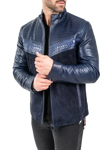 Maceoo Men's Leather Python Shield Jacket - Blue | Thumbnail 4