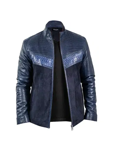Maceoo Men's Leather Python Shield Jacket - Blue | Thumbnail 1