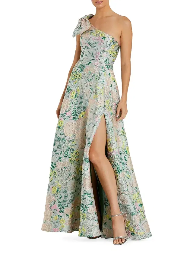 Women's Floral Brocade Bow One-Shoulder Gown - Pastel Multi