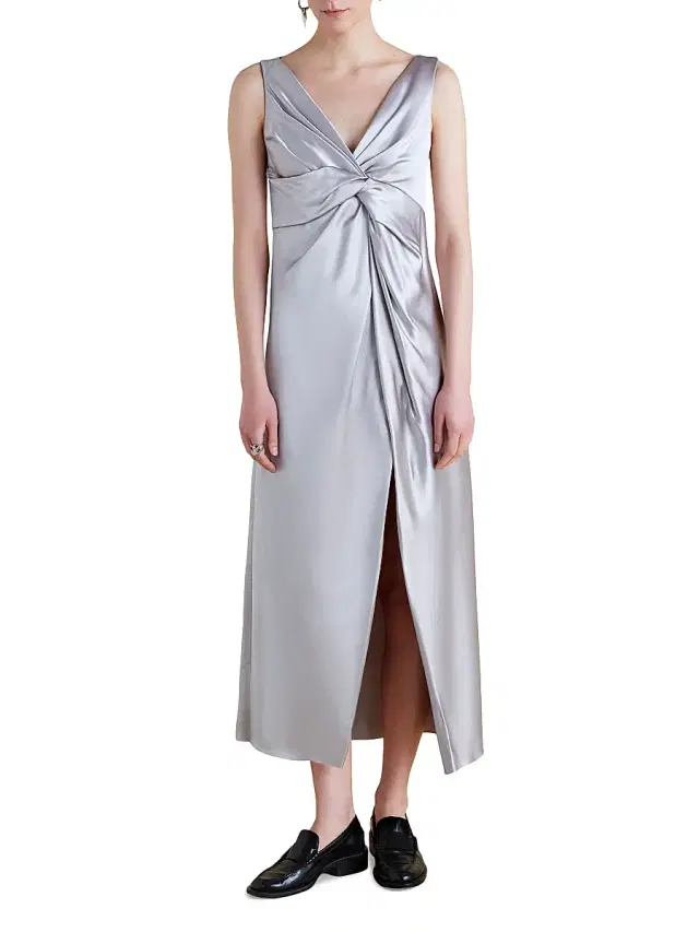 Women's Satin V-Neck Twist Dress - Pale Grey