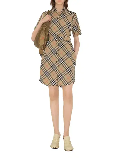 Burberry Women's Poplin Check Belted Shirtdress - Sand Ip Check | Thumbnail 2 Burberry Women's Poplin Check Belted Shirtdress - Sand Ip Check | Thumbnail 2
