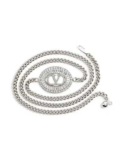 Valentino Garavani Women's Vlogo Signature Chain Belt with Crystals - Palladium Crystal - Size Medium | Thumbnail 2