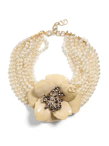 Valentino Garavani Women's Fleur Lumineuse Necklace in Metal, Enamel, Pearls and Fabric - Gold Cream | Thumbnail 1 Valentino Garavani Women's Fleur Lumineuse Necklace in Metal, Enamel, Pearls and Fabric - Gold Cream | Thumbnail 1