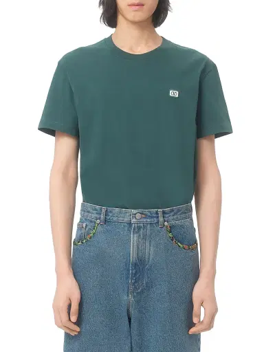 Valentino Garavani Men's Cotton T-Shirt with VLogo Patch - Dark Green - Size Small | Thumbnail 2