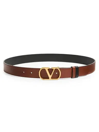 Valentino Garavani Men's Vlogo Signature Reversible Shiny Calfskin Belt - Deep Caramel - Size 34 | Thumbnail 1