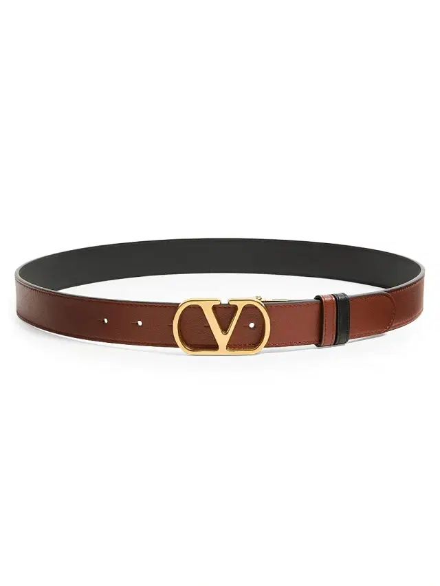 Valentino Garavani Men's Vlogo Signature Reversible Shiny Calfskin Belt - Deep Caramel