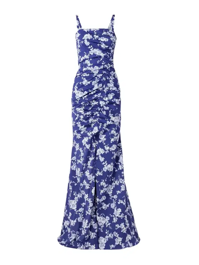 Ruched Floral-print Faille Gown