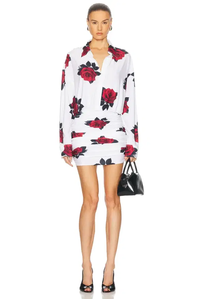 Norma Kamali Oversized Boyfriend Shirt Shirred Bottom Mini Dress