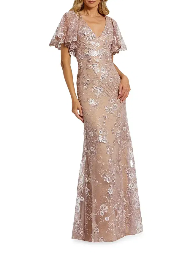 Women's Embellished Lace V-Neck Gown - Rose Pink Women's Embellished Lace V-Neck Gown - Rose Pink