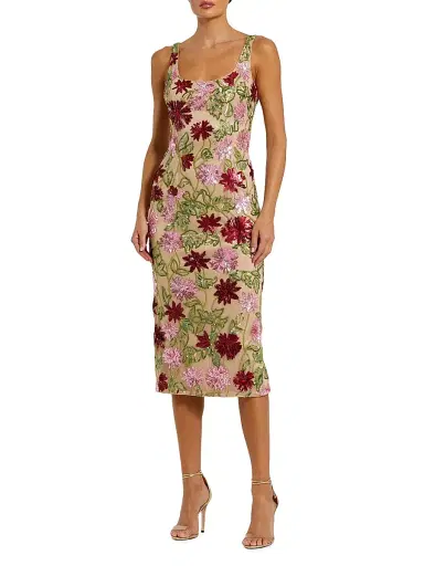 Mac Duggal Women's Embellished Floral Mesh Scoopneck Midi-Dress - Beige Multi - Size 14 | Thumbnail 1
