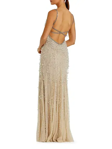 Mac Duggal Women's Faux Pearl Embellished Column Gown - Beige Silver - Size 12 | Thumbnail 2