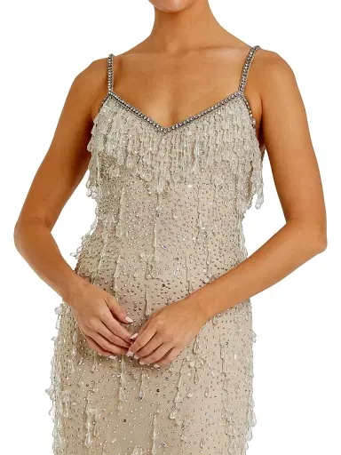 Mac Duggal Women's Faux Pearl Embellished Column Gown - Beige Silver - Size 12 | Thumbnail 3