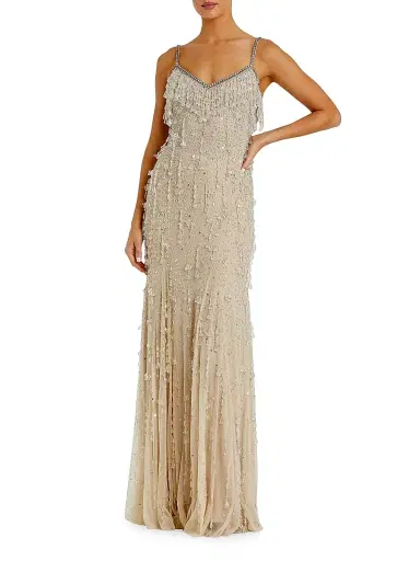 Mac Duggal Women's Faux Pearl Embellished Column Gown - Beige Silver - Size 12 | Thumbnail 1