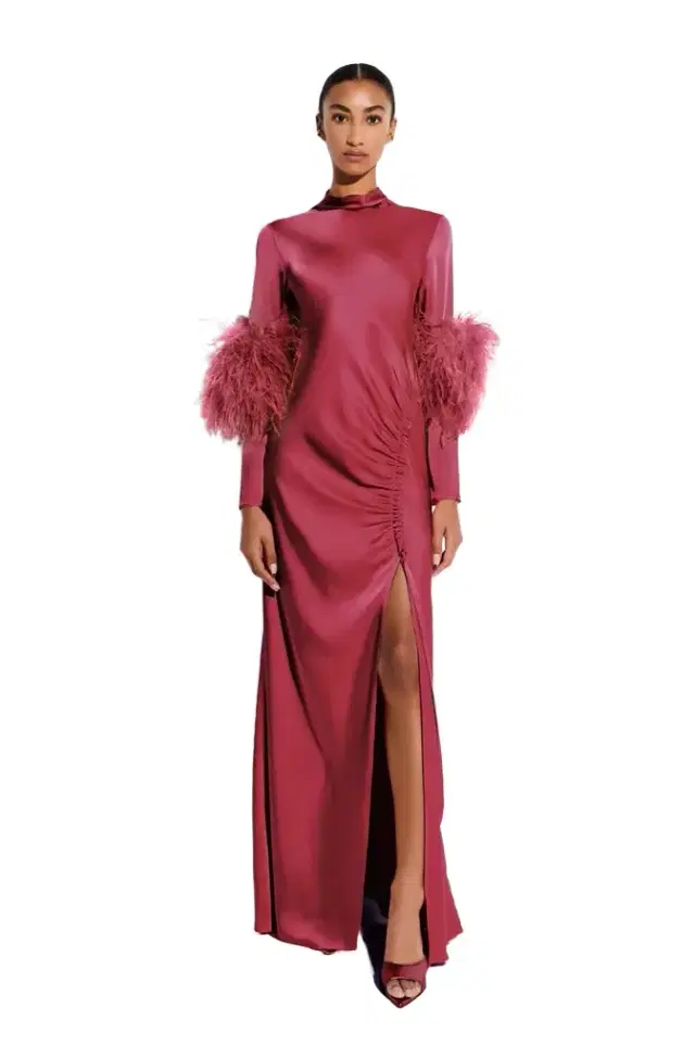 LAPOINTE Satin Tab Gown With Feathers