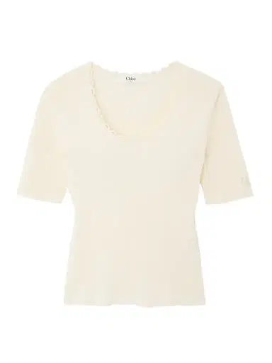 Chloé Picot-trimmed Ribbed Cotton-blend Bouclé T-shirt | Thumbnail 1 Chloé Picot-trimmed Ribbed Cotton-blend Bouclé T-shirt | Thumbnail 1