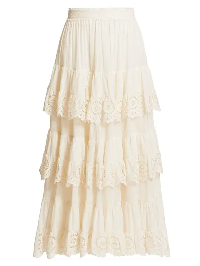 Zimmermann Women's Lucky Embroidered Tiered Cotton Midi-Skirt -