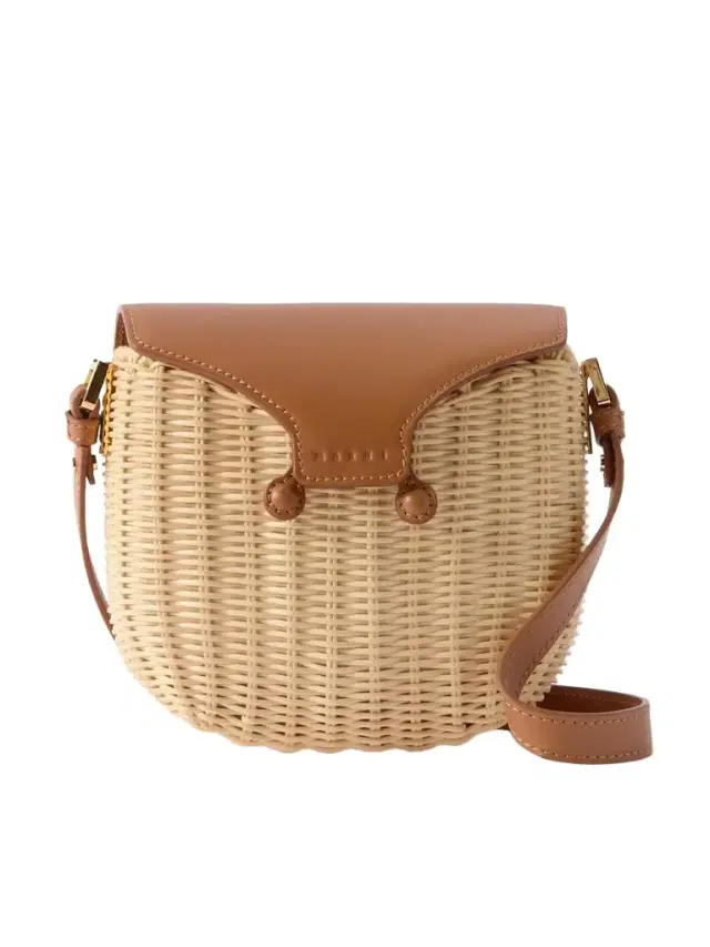Leather-trimmed Woven Rattan Shoulder Bag