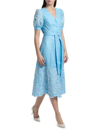 Elie Tahari Women's The Jade Linen Embroidered Midi-Dress - Water Drop | Thumbnail 2