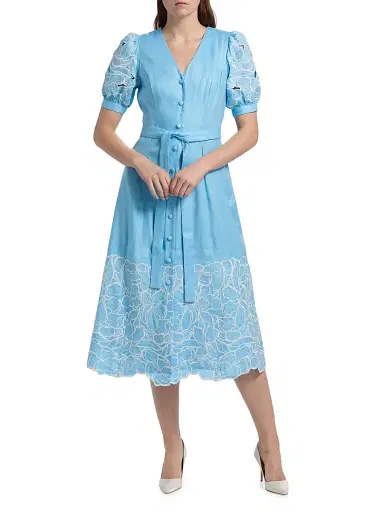 Elie Tahari Women's The Jade Linen Embroidered Midi-Dress - Water Drop | Thumbnail 3