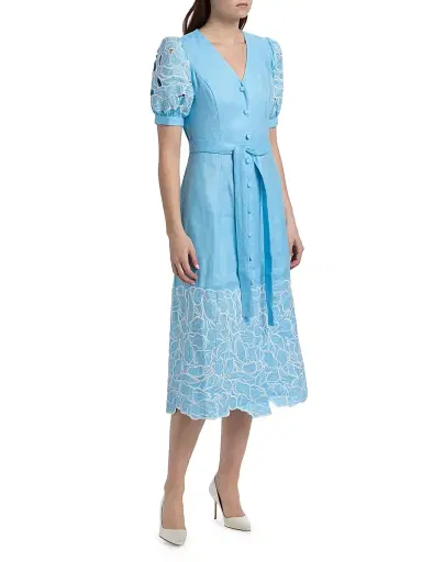 Elie Tahari Women's The Jade Linen Embroidered Midi-Dress - Water Drop | Thumbnail 4
