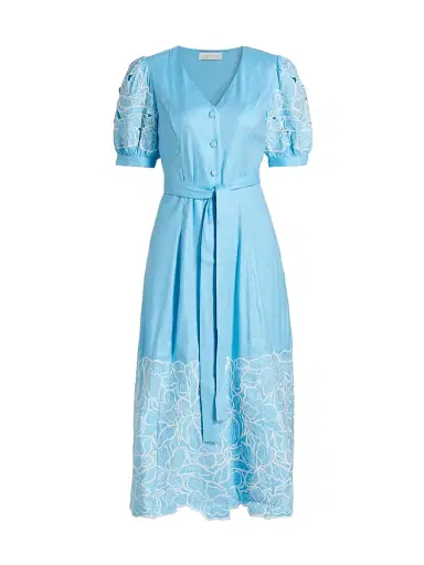 Elie Tahari Women's The Jade Linen Embroidered Midi-Dress - Water Drop | Thumbnail 1