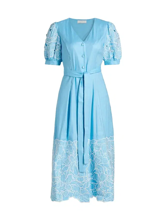Elie Tahari Women's The Jade Linen Embroidered Midi-Dress - Water Drop