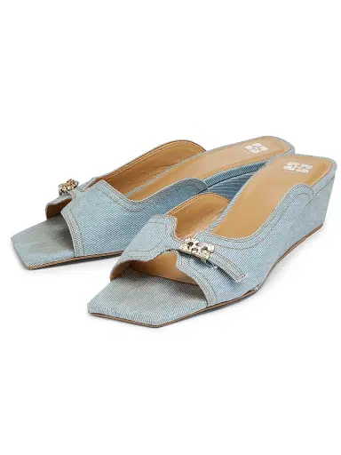 Ganni Women's Butterfly Wedge Denim Mule Sandals - Niagara Mist | Thumbnail 2 Ganni Women's Butterfly Wedge Denim Mule Sandals - Niagara Mist | Thumbnail 2