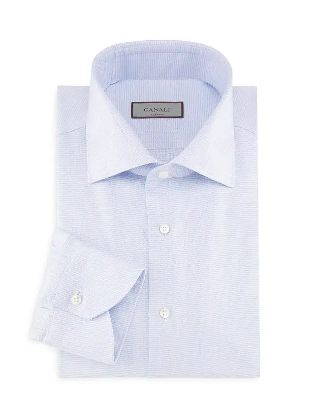 Canali Men's Micro Houndstooth Cotton Dress Shirt - Light Blue