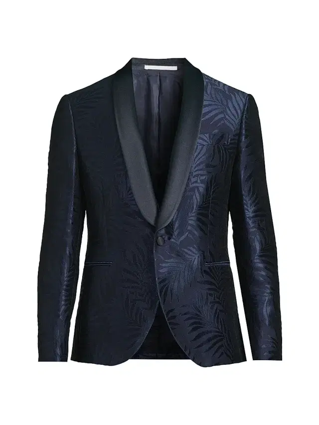 Men's Leaf Print Satin Dinner Jacket - Navy